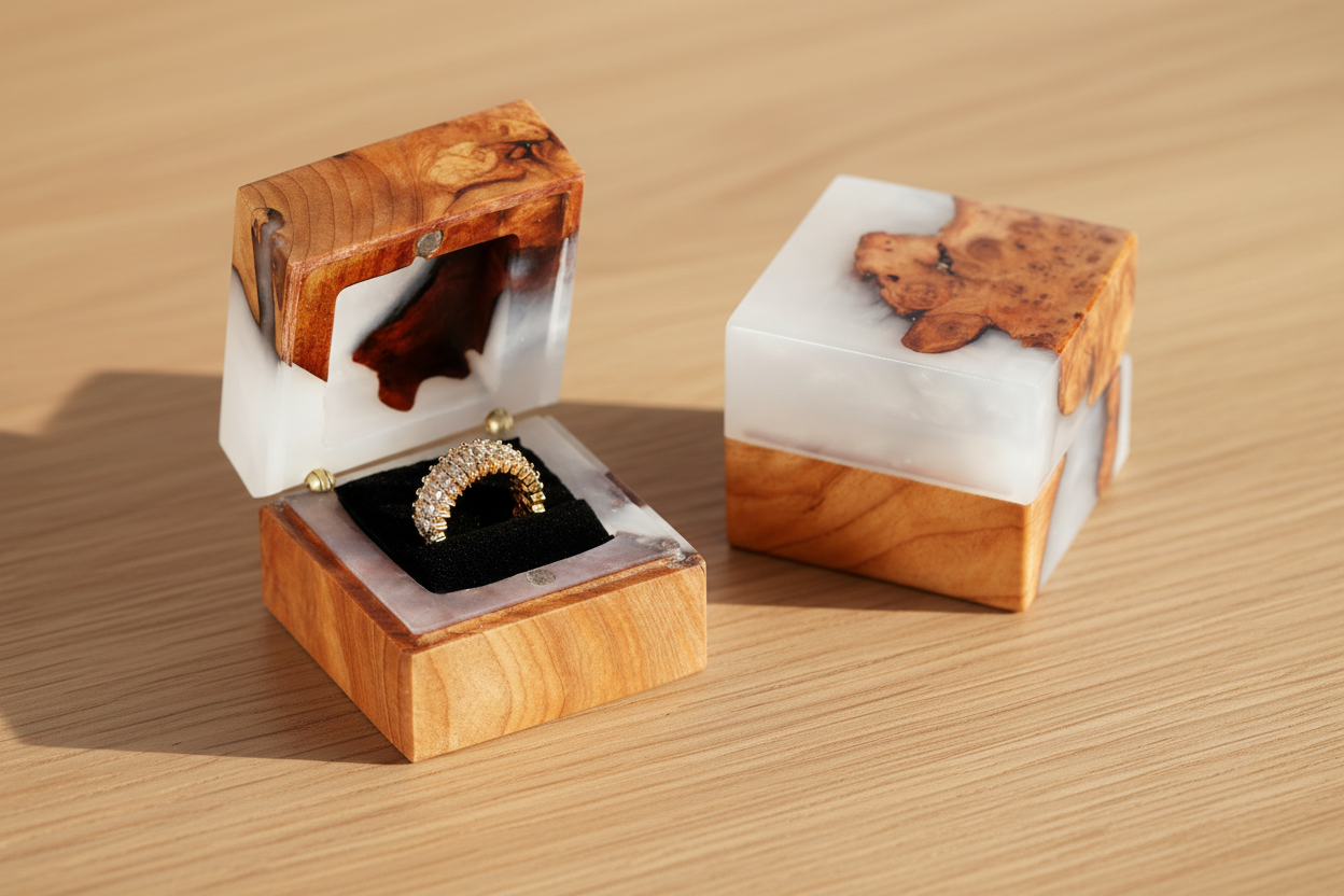 Handcrafted burl wood and white epoxy resin ring boxes by GOGOJSM — one open displaying a diamond ring on black velvet, one closed showing natural wood grain and resin detail