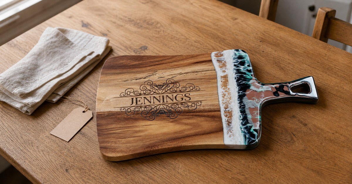 Personalized JENNINGS wood and resin cutting board gift on a warm dining table