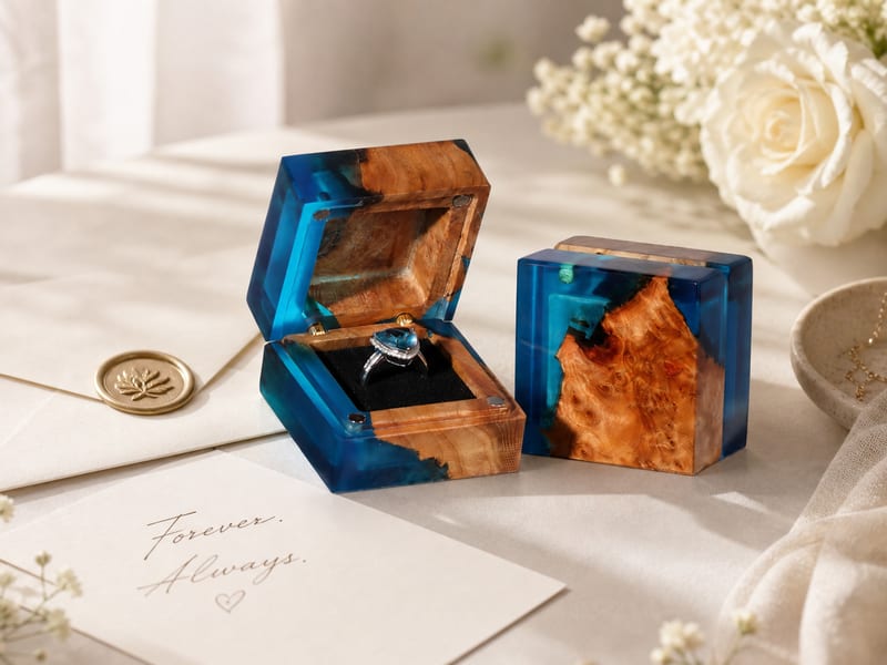 wood resin engagement ring box open with ring for proposal