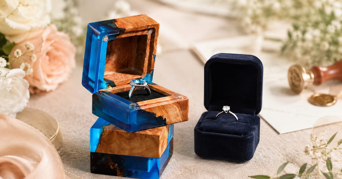 wood resin ring box beside velvet ring box for proposal comparison