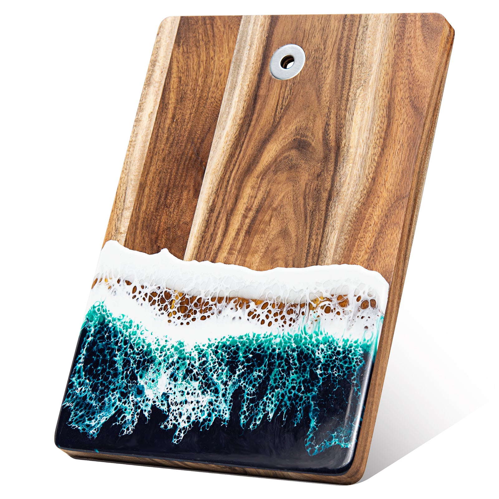 Small acacia wood and epoxy resin cheese board for fruit bread appetizers and compact serving