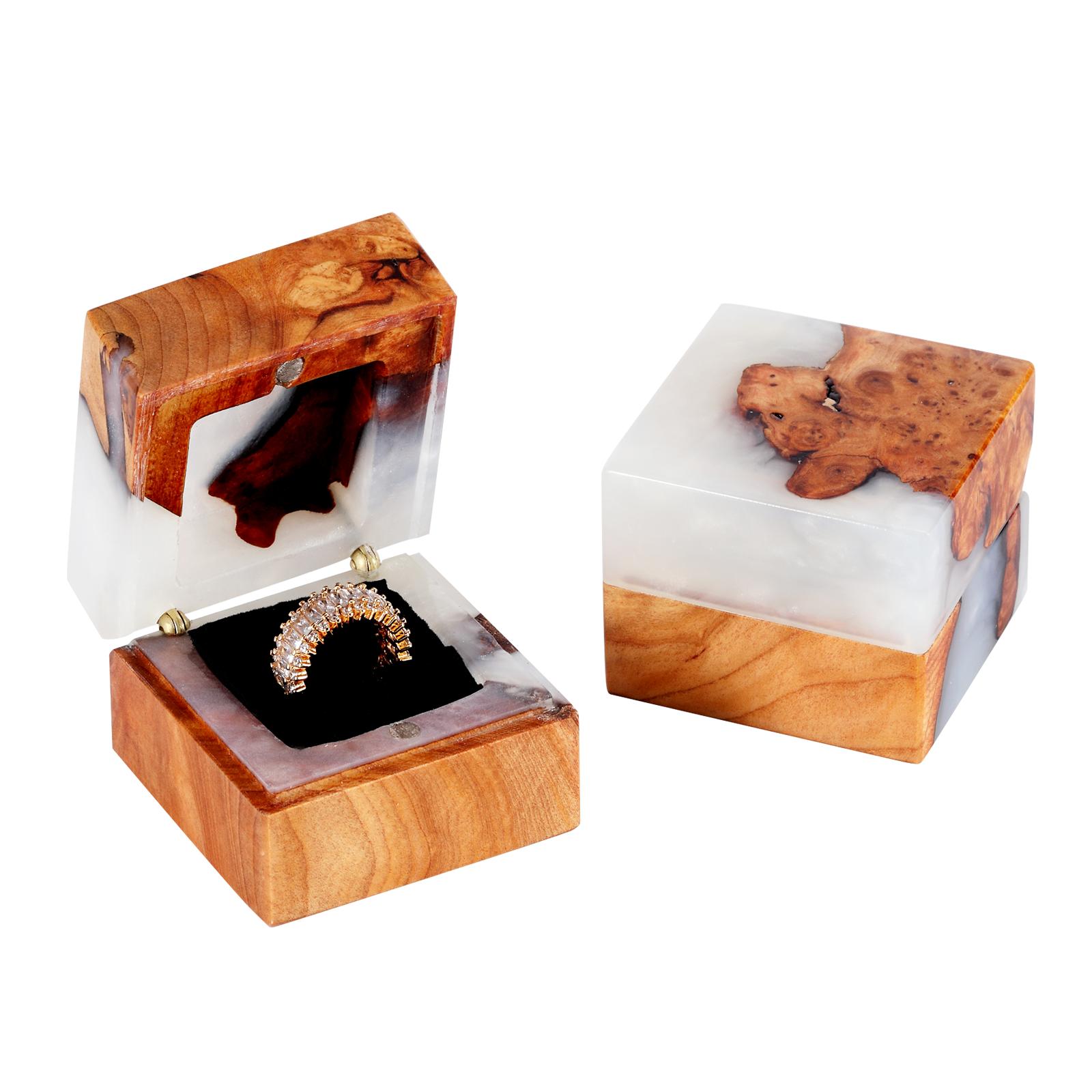 white wood resin proposal ring box with soft insert for engagement ring