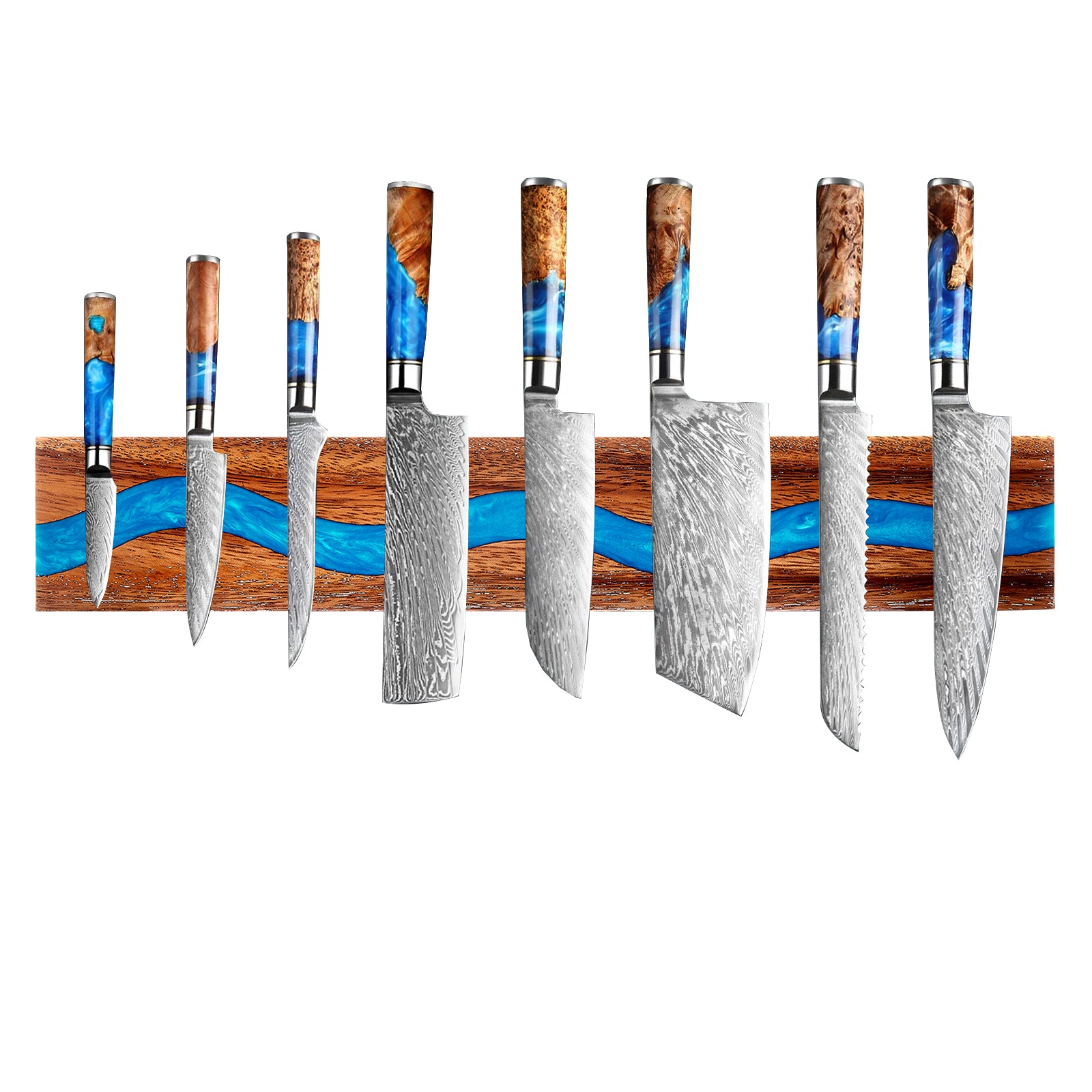 Blue Resin Acacia Wood Magnetic Knife Holder – Wall Mount Kitchen Organizer