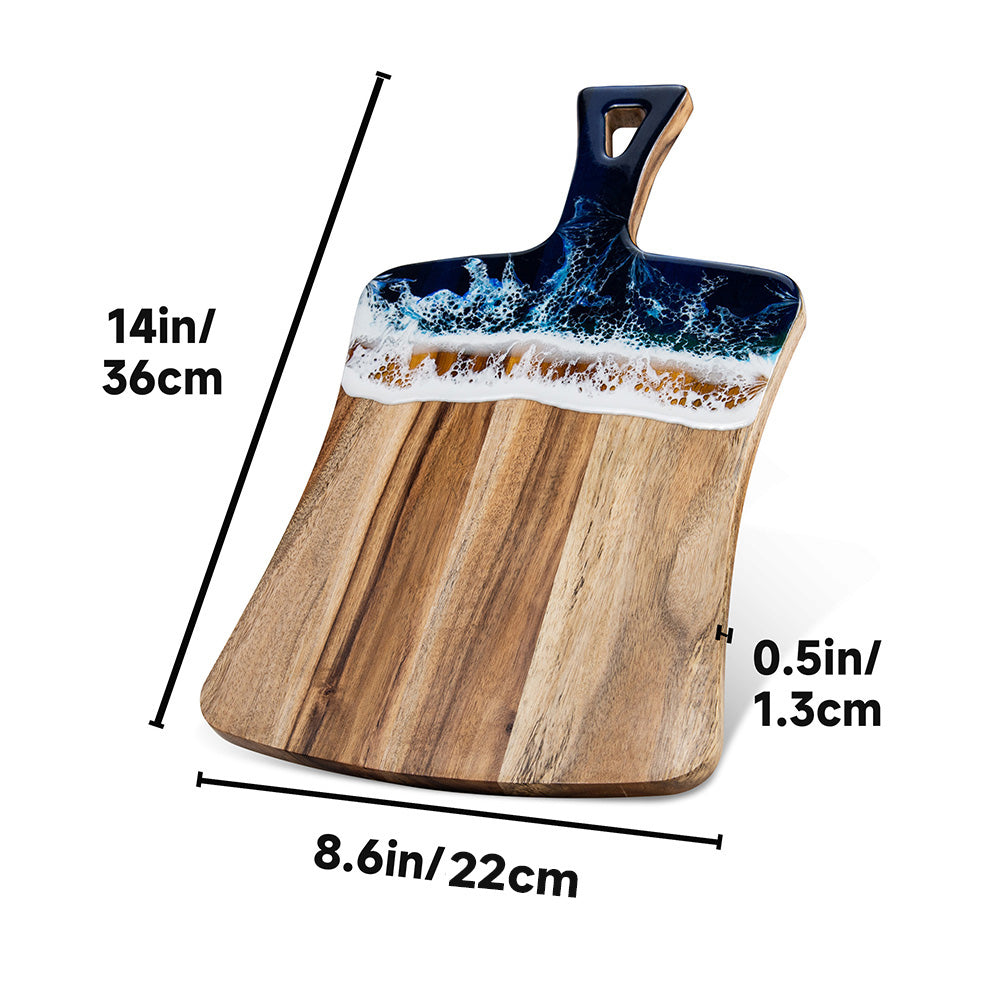 Acacia wood and epoxy resin charcuterie board with handle for cheese bread fruit and light prep
