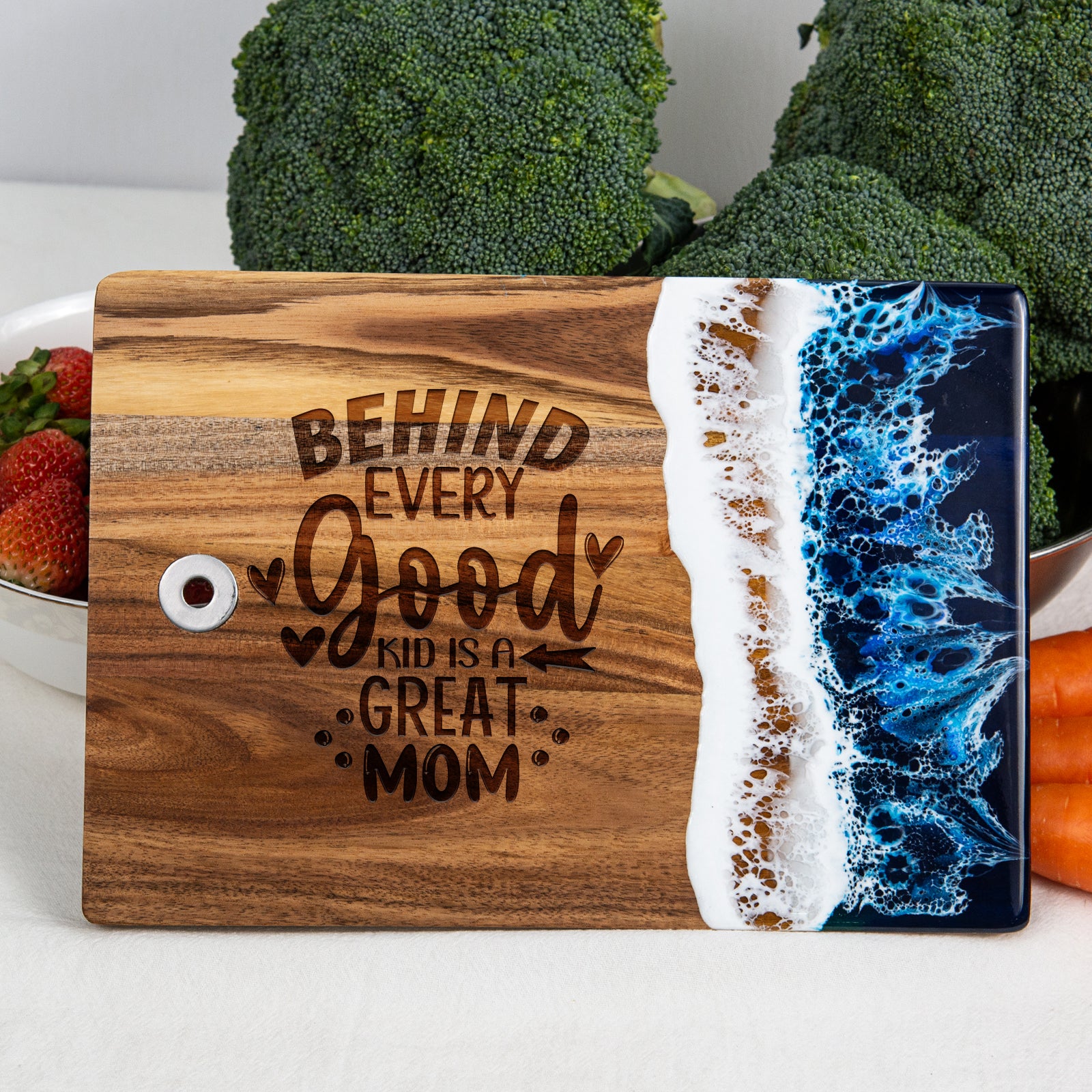 Personalized resin cutting board with special mom quote displayed as Mother's Day gift