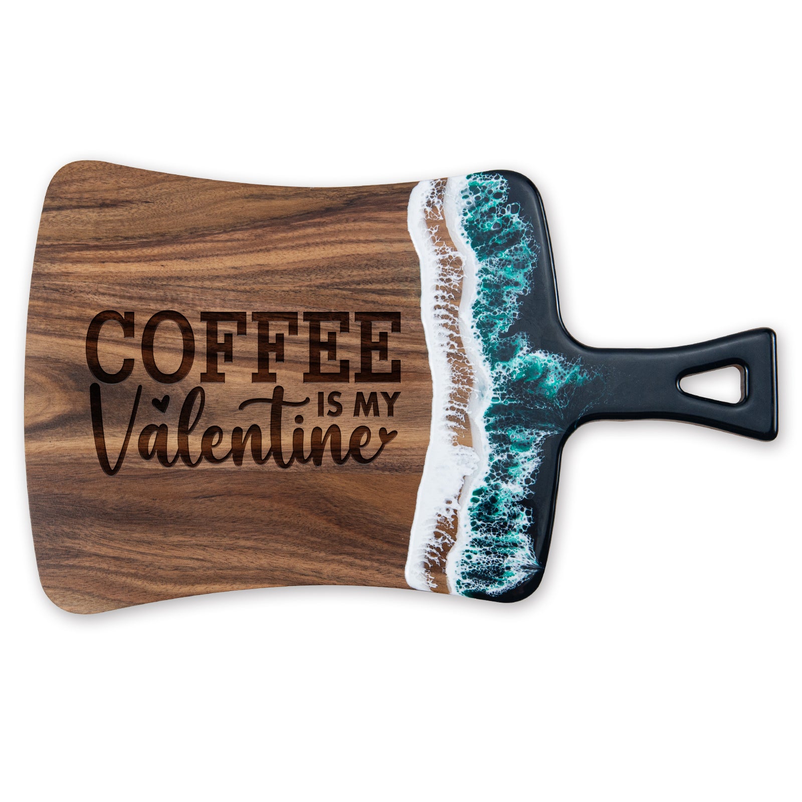 Coffee is my Valentine green ocean green resin wood cutting board Valentine's gift