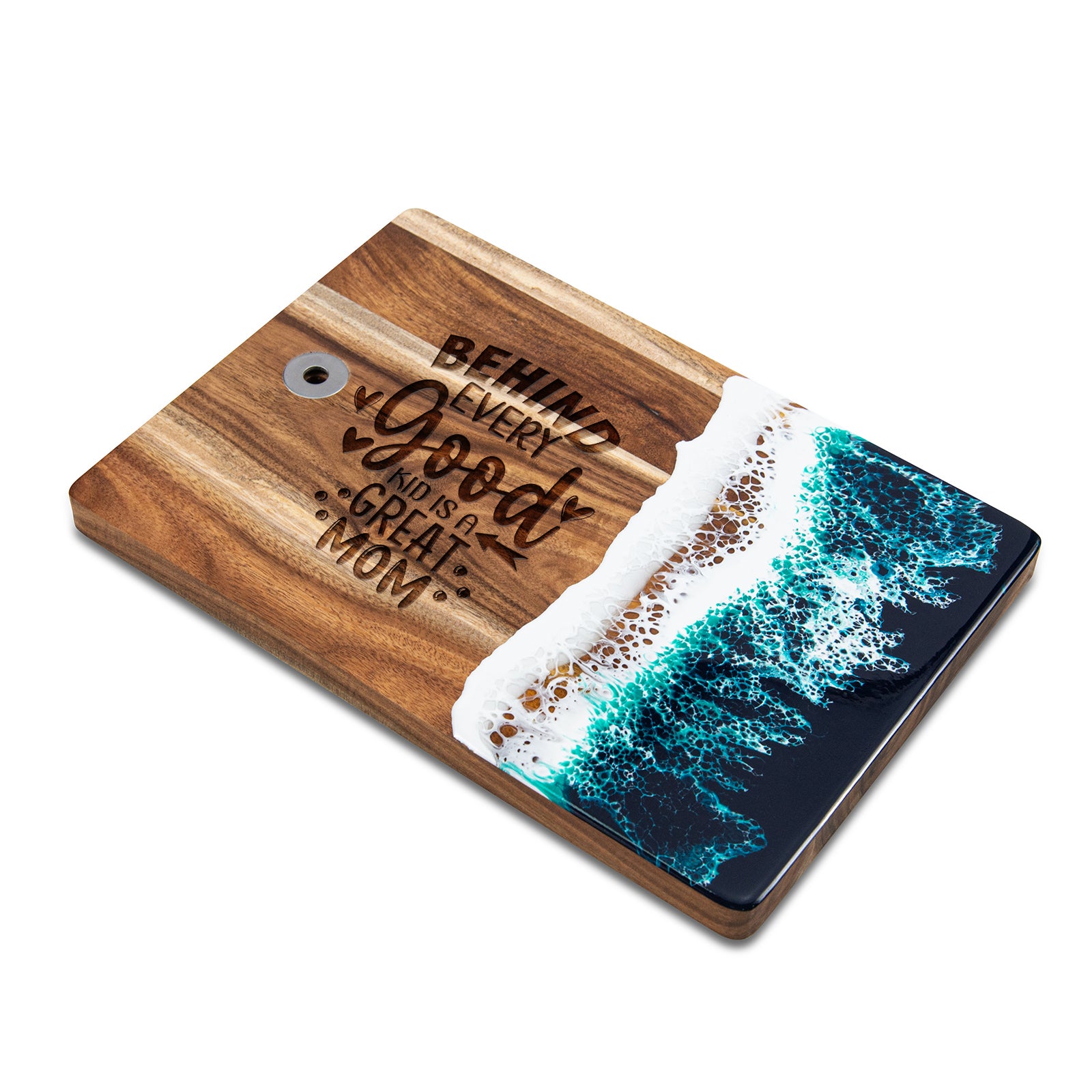 Green resin wooden cutting board with Mother's Day personalized engraving