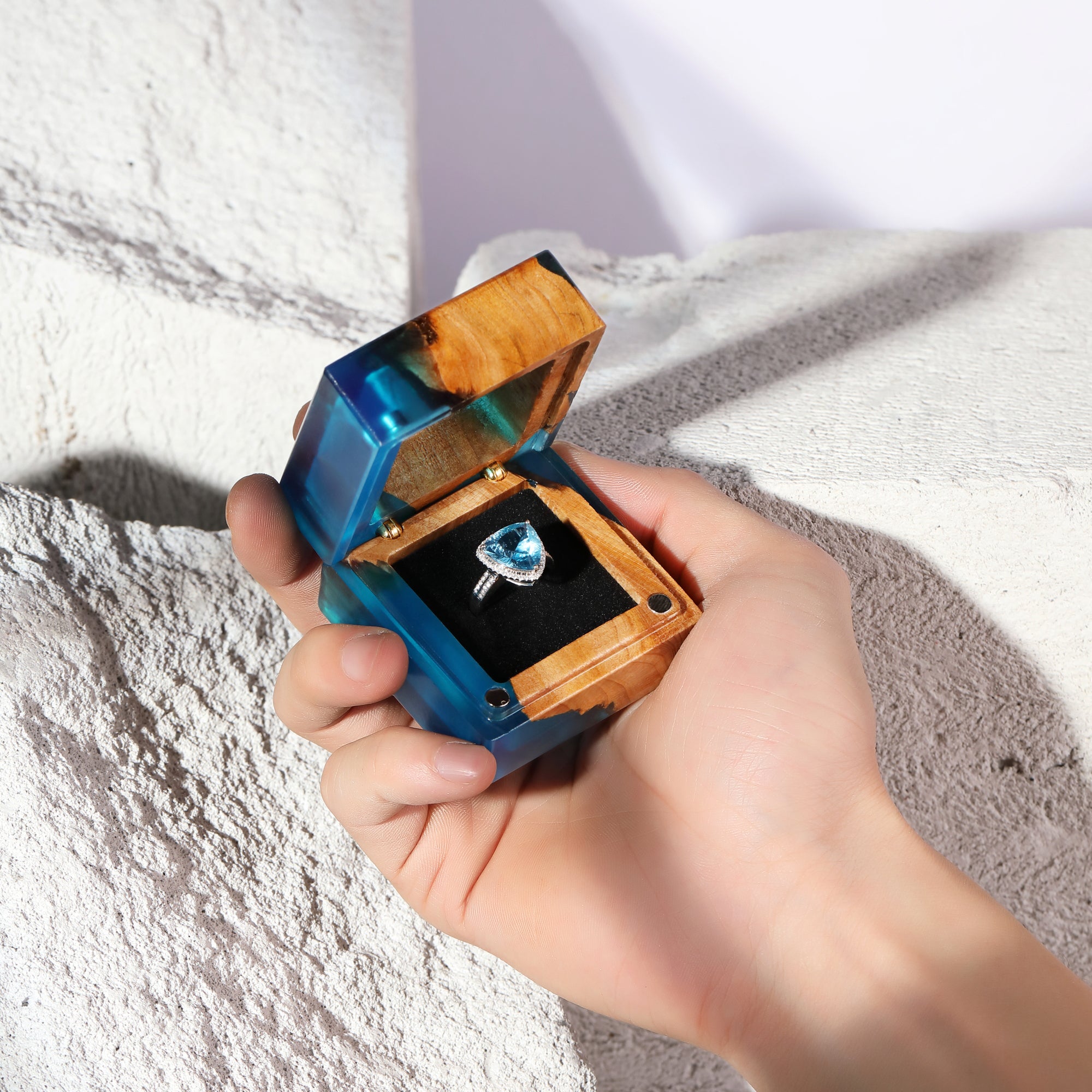 wood resin wedding ring box with polished epoxy finish