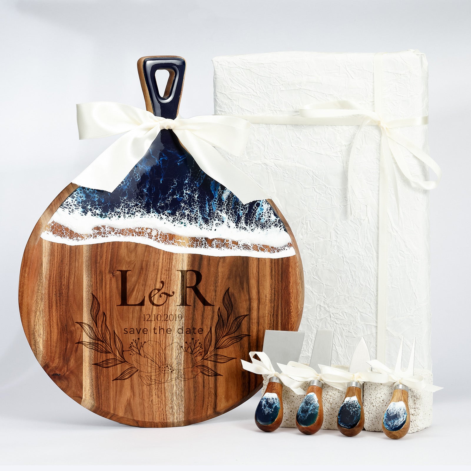 Personalized resin round cutting board presented as a housewarming wedding gift