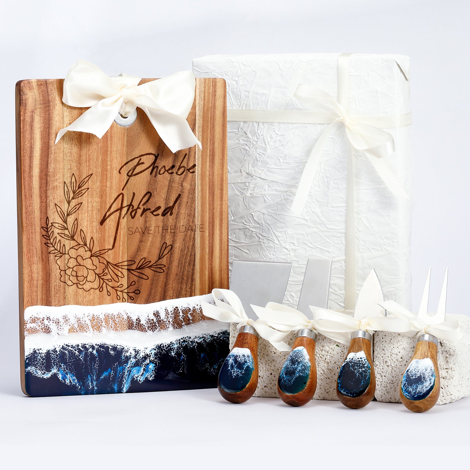 Custom rectangular resin cutting board with ocean wave design