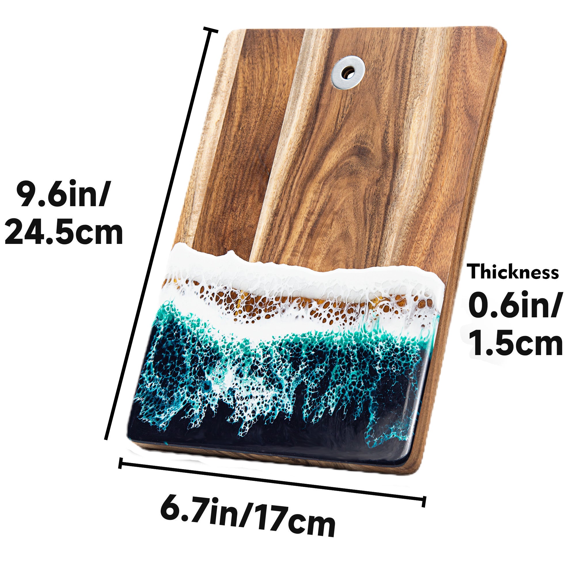 Small acacia wood and epoxy resin cheese board for fruit bread appetizers and compact serving
