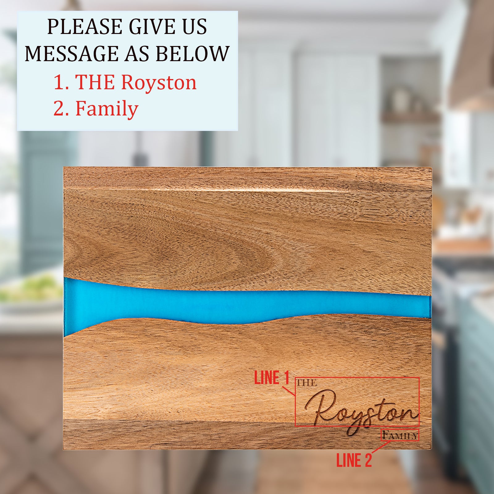 Engraving instruction for personalized epoxy resin cutting board showing The Family Name two-line script customization on acacia wood blue river inlay