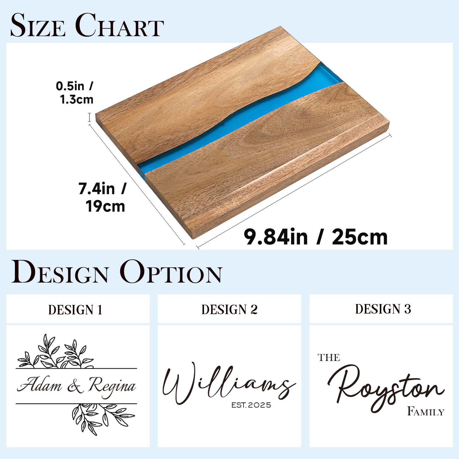 Dimension chart for personalized epoxy resin cutting board 9.84 x 7.4 x 0.5 inch acacia wood blue river inlay