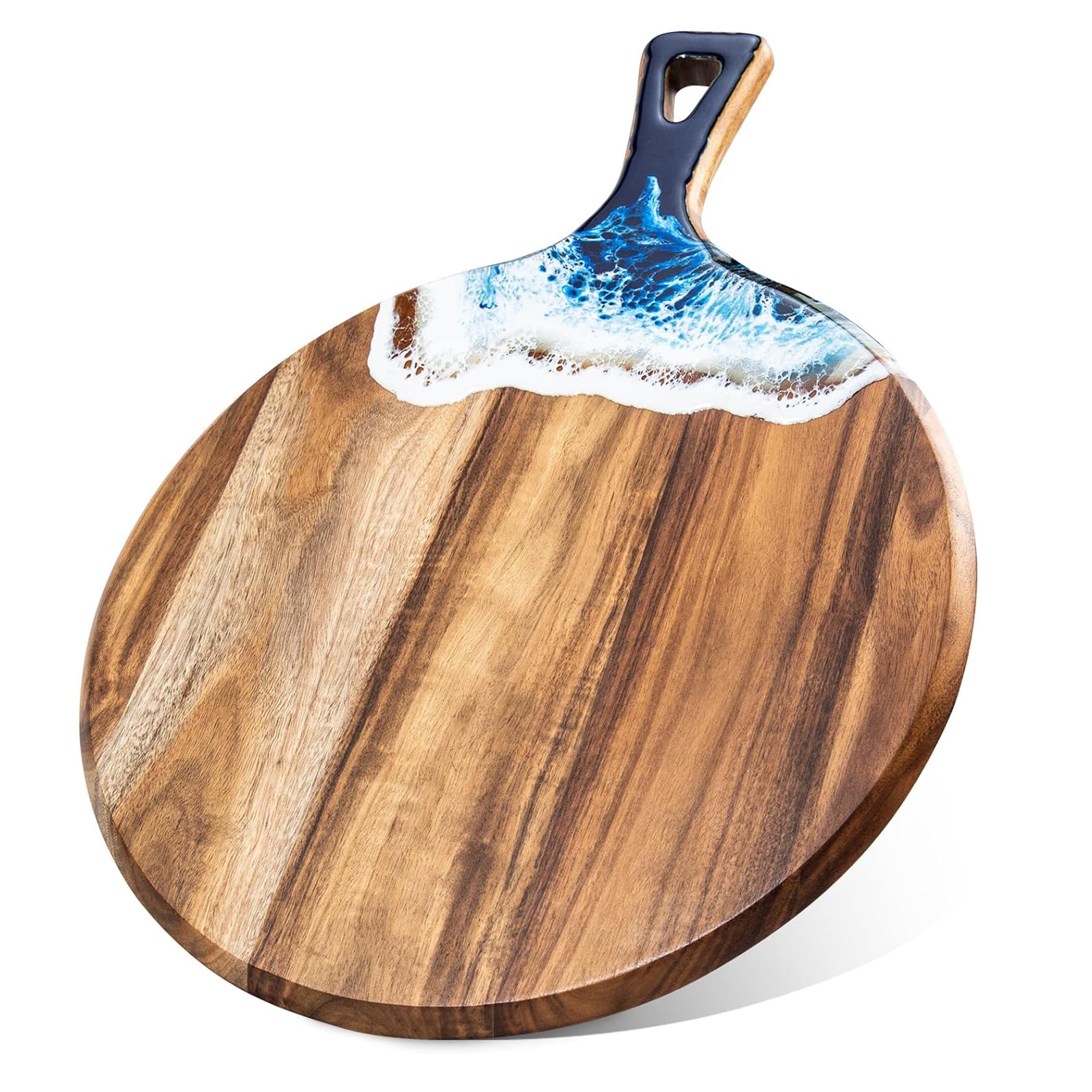 Round acacia wood and epoxy resin charcuterie board for cheese fruit desserts and ocean style serving