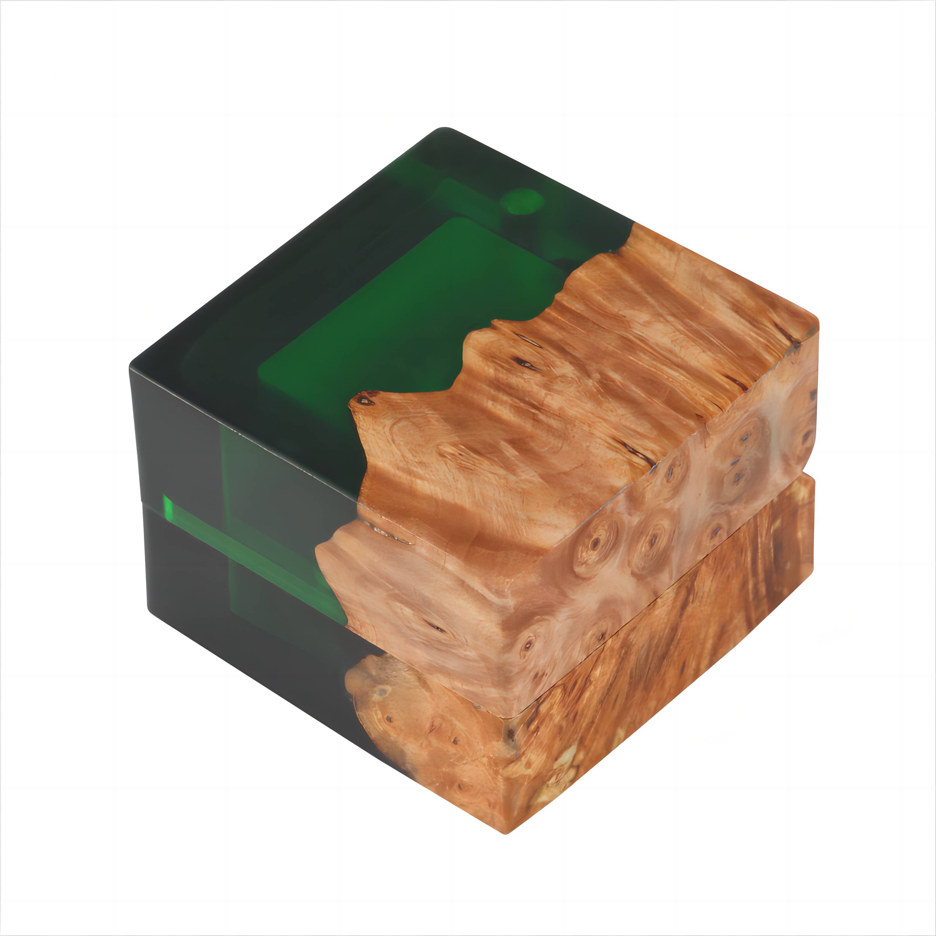 green handmade wood resin ring box for proposal and wedding photos